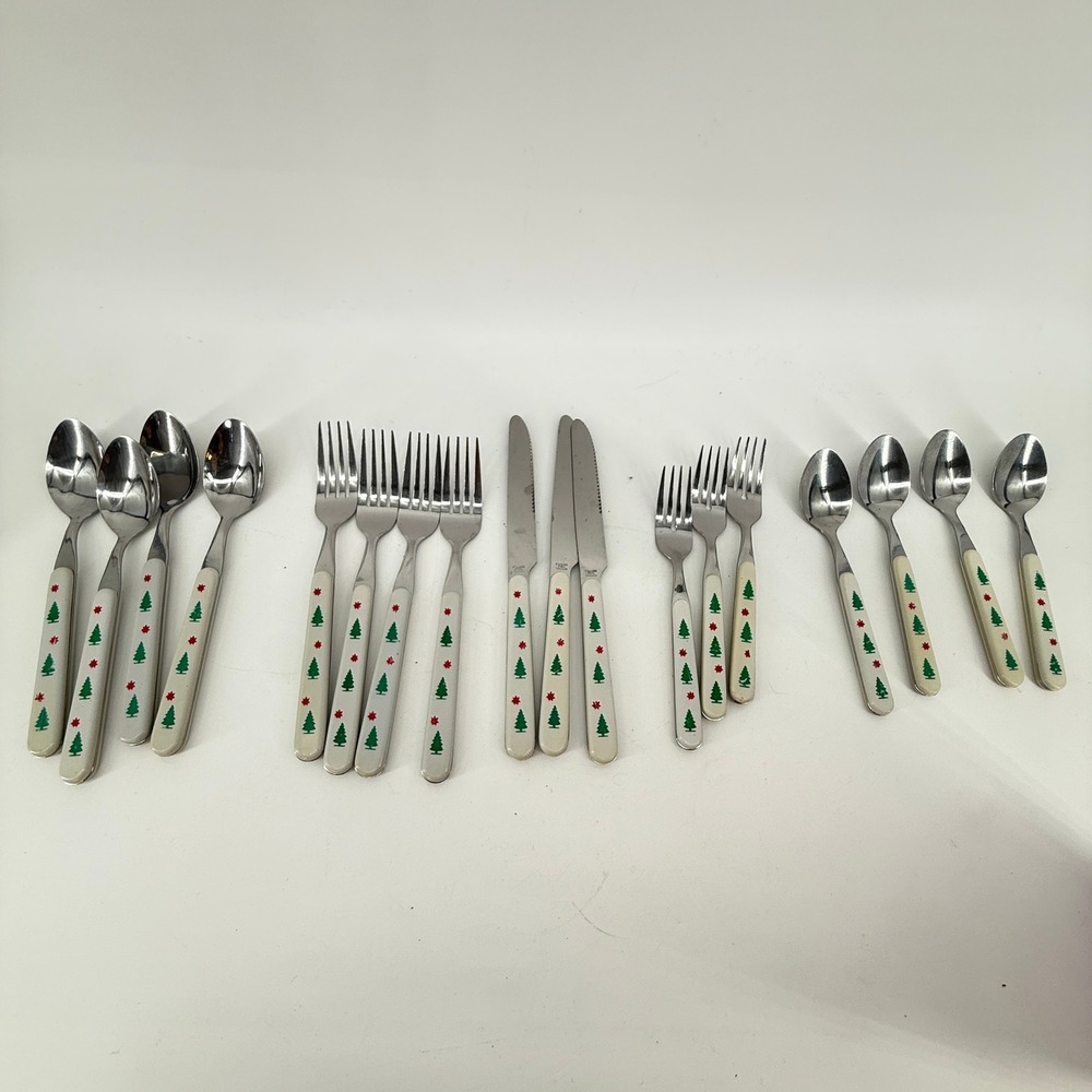 Flatware Set White Christmas Trees Stainless 18pc Utensils Vintage‎ Plastic